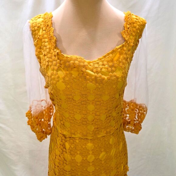 Golden Hour Glam: New Mustard Crochet Maxi Dress – Sheer Elegance! Size Large - Picture 7 of 10